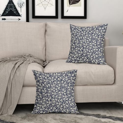 Navy Blue Beige Daisy Floral Pillow Covers 20X20 Inch Vintage Flowers