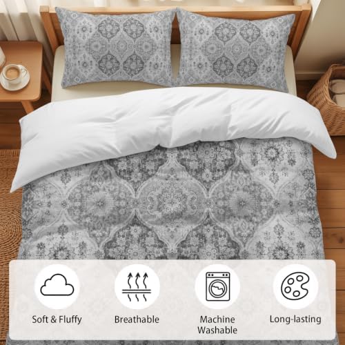 Duvet Cover Full Size, Grey Boho 3-Piece Bedding Quilt/Comforter