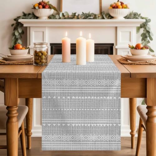 Light Grey Boho Table Runner 108 Inches Long, Rthnic Modern Geometric