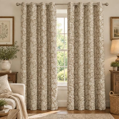 VOGOL Linen Textured Floral Grommet Curtains, W52 x L84, 2 Panels