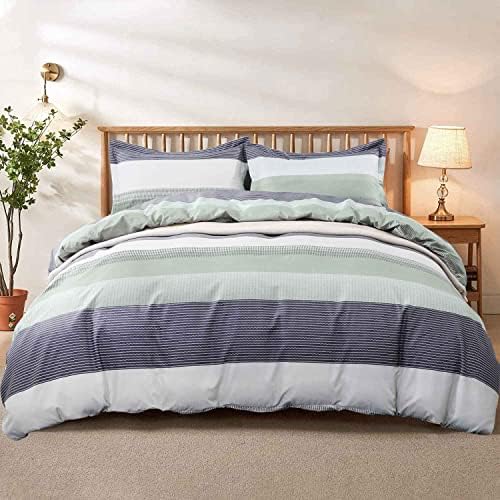 Nanko King Duvet Cover Set 3pc 104x90 Gray Mint Green Striped Pattern