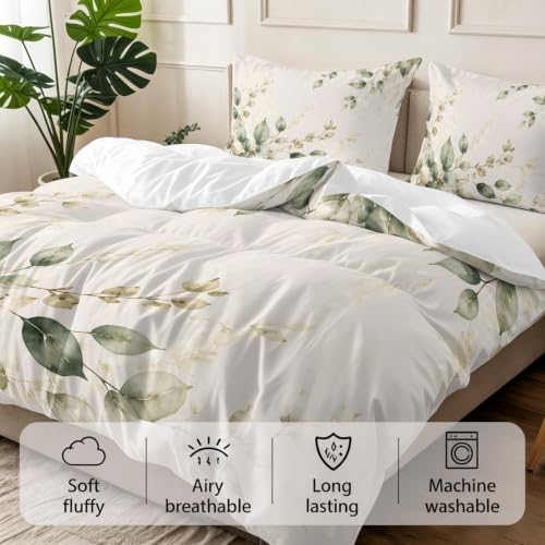 Sage Green Leaf Queen Duvet Cover Set, Botanical Watercolor Eucalyptus