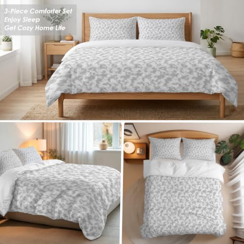 3 Pieces Bedding Set Queen Size, Gray Florals Soft Duvet Covers Set