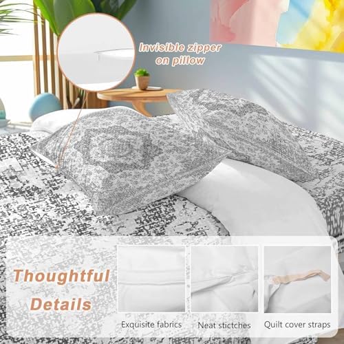 Grey Boho Duvet Cover Set, Middle Cuntury Vintage Ethnic Abstract Art