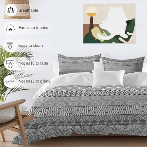 Grey Black Boho Bedding Full Duvet Cover Set, 3 Piece Microfiber Soft