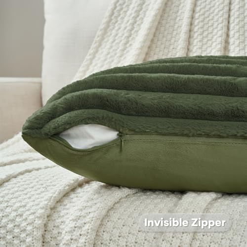 FUTEI Pack of 2 Faux Fur Throw Pillow Covers 22x22 Inch, Olive Green