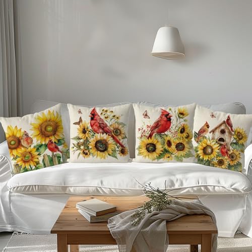 GAGEC Summer Pillow Covers 20x20 Inch Set of 4 Cardinal Sunflower