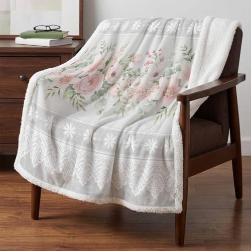 Fleece Sherpa Bed Blankets, Pink Flowers Microfiber Plush Flannel