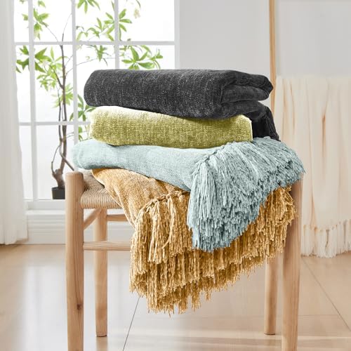 CozeCube Chenille Throw Blanket, Charcoal Grey Fringe Blanket, 60"X80"