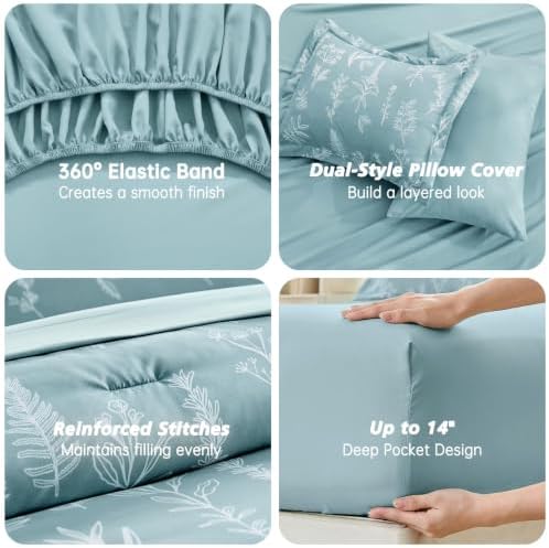 Oversized King Comforter Set, 7-Piece Floral Bed in a Bag, Dusty Blue
