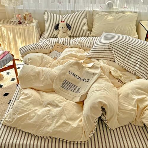 Nayoroom Yellow Duvet Cover Twin Reversible Brown Striped Bedding Set