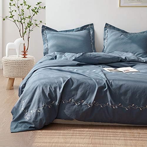 BISELINA French Linen Duvet Cover Set 3pcs Embroidered Willow Leaf 55%