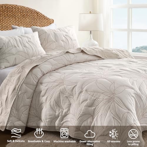 WDCOZY Beige Leaf Embroidered Quilt Set, Queen Size, Lightweight
