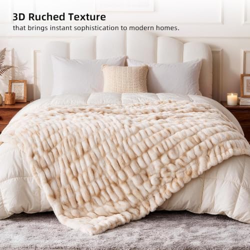 Double Sided Ruched Faux Rabbit Fur Throw Blanket,60x80 CaramelCream