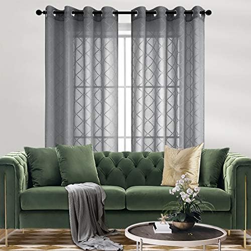 KOUFALL Grey Diamond Pattern Linen Like Sheer Curtain 52 x 63 Inch