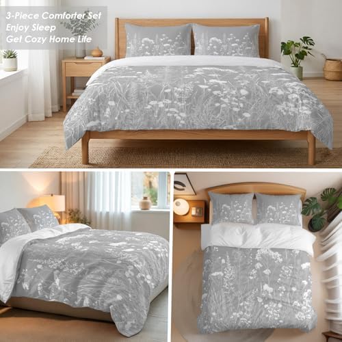 3 Pieces Bedding Set Queen Size, Grey Spring Floral Soft Duvet Covers