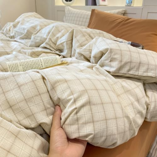 PinkMemory Beige Gingham Duvet Cover Bedding Queen 100% Washed Cotton