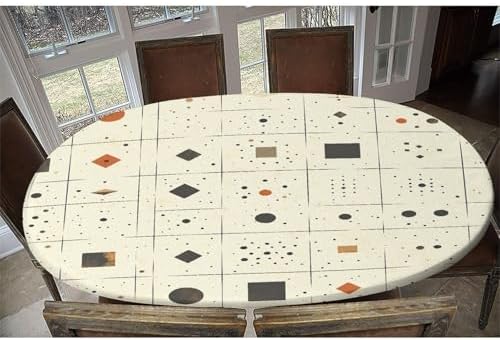 Fitted Oval Tablecloth with Elastic, Beige Abstract Pattern Printed on