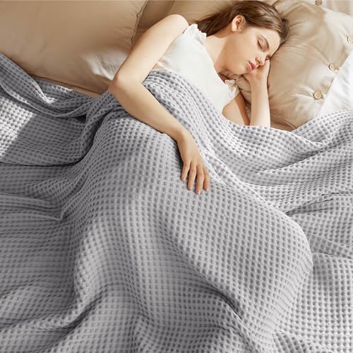Bedsure Lightweight 100% Cotton Waffle Blanket, Queen, Grey