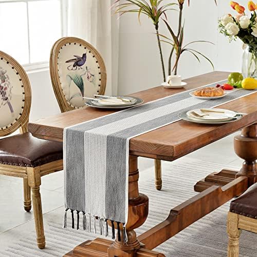 Wracra Linen Table Runner, Stripe Table Runners 90 Inches Long Black