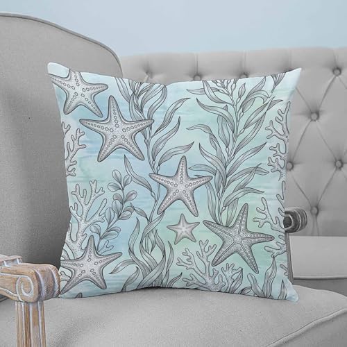 20x20 Pillow Covers Set of 2, Teal Blue Starfish Coastal Throw Pillow