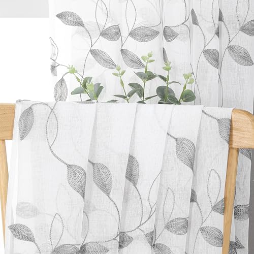 Tollpiz Grey Leaf Sheer Curtain Bedroom 38 x 63 Inches