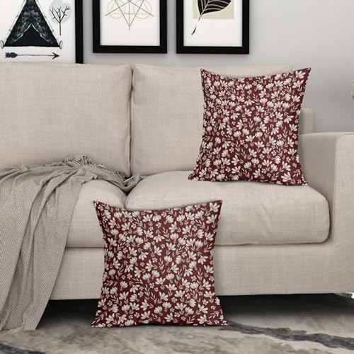 Burgundy Pillow Covers 18x18 Set of 2 Vintage Floral Rustic Old Style