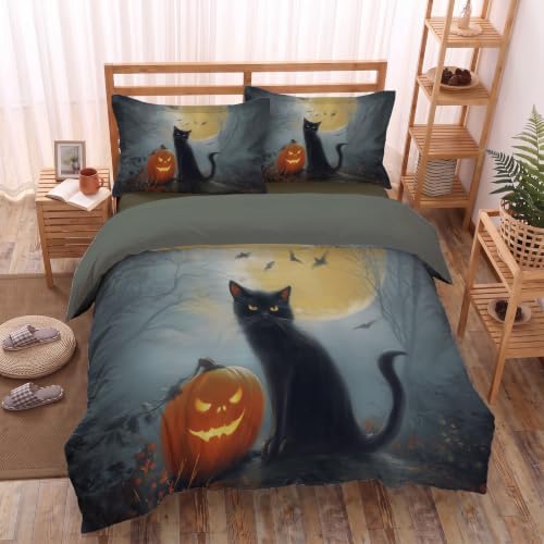 Charcoal Gray Halloween Black Cat Pumpkin Duvet Cover Set For Women