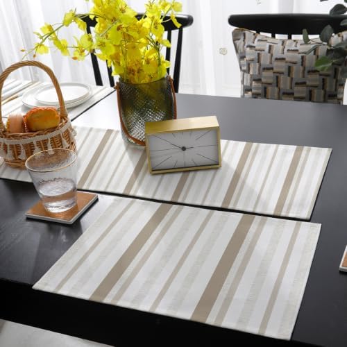 Retro Lines Table Runner and Placemats Set of 6 Farmhouse Beige Varied