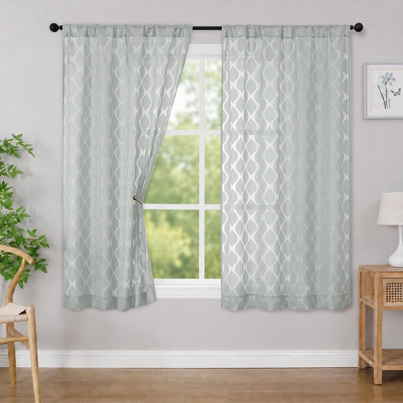 Simplebrand Light Grey Semi Sheer Curtains 63 Inch Length 2 Panels for