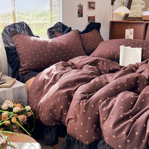 Retro Brown Polka Dot Ruffle Duvet Cover King Soft Double Gauze