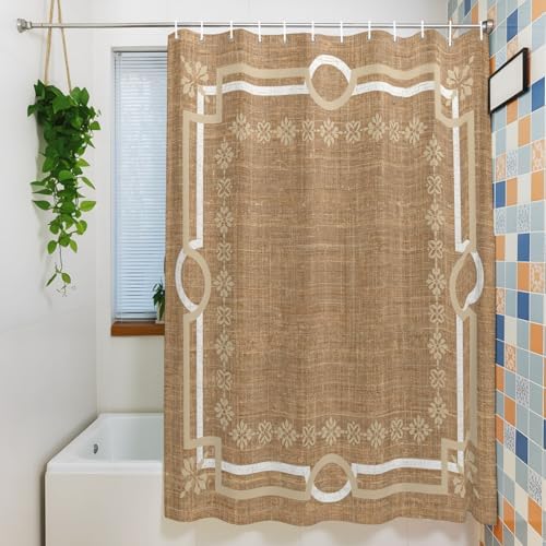 Brown Double Lines Shower Curtain 84 Inches Long Modern Linen Texture
