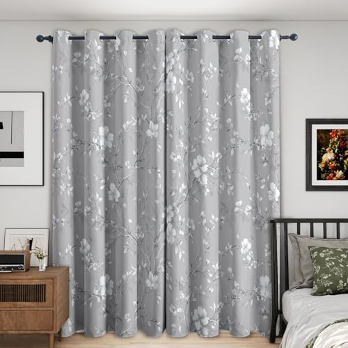 Grey Floral Blackout Curtains for Bedroom, 96 Inch 2 Panels, Flower