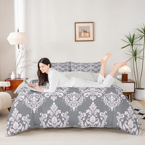 jejeloiu Vintage Damask Duvet Cover Full Size Bohemian Damask Print