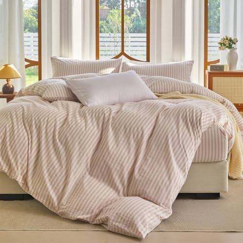 Striped Duvet Cover Set King Size 100% Washed Cotton Linen Feel