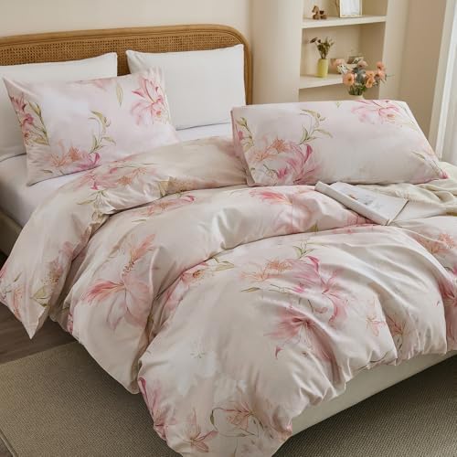 100% Cotton Duvet Cover Queen Size – Elegant Blush Lily Pink Floral
