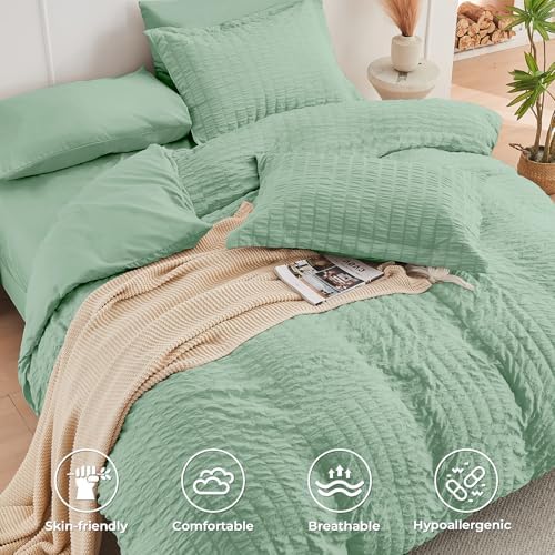 California King Comforter Set - 7PCS Seersucker Bed in a Bag, Sage