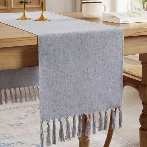 Cotton Linen Table Runner, 13x72 Inch, Silver Grey with Hand Tassels