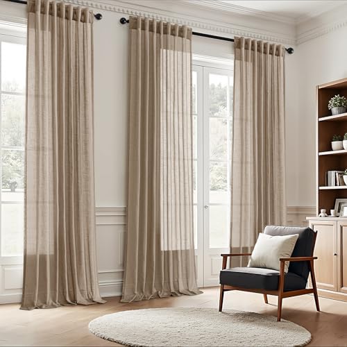 Taupe Semi Sheer Linen Curtains 96 Inch Long 2 Panels for Living Room