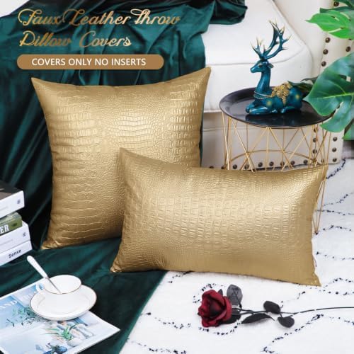 BRAWARM Gold Faux Leather Pillow Covers 20x20, Embossed Crocodile