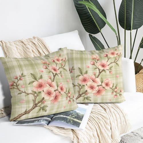 InkRain Cherry Pillow Cover Green Plaid Fine Branch Spray 22x22 Inch