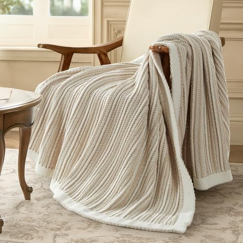 Amélie Home Striped Knit Chenille Throw Blanket, Beige 50×60