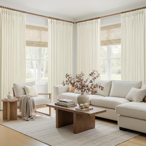 Pinch Pleat Beige Cream Blackout Curtains 108 Inch Long 2 Panels for