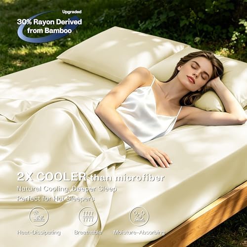 MR&HM Queen Sheets 4 Pieces, Rayon Derived from Bamboo Blend, Cream
