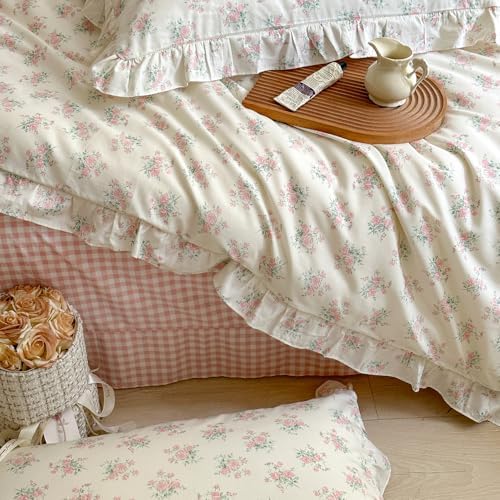 mixinni Pink Floral Duvet Cover Set Queen Size - 100% Cotton Ruffle