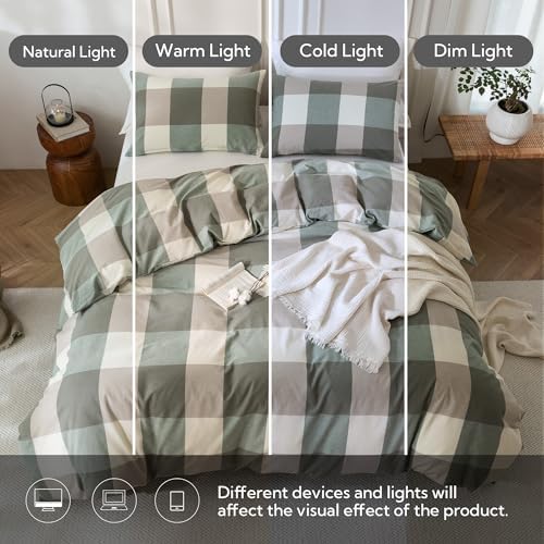MILDLY Beige & Green Plaid Duvet Cover Set with Dual Zipper 8 Corner