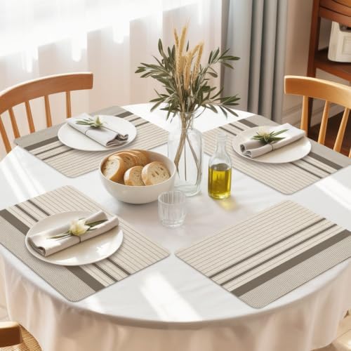 Placemats Set of 6, Minimalist Taupe Beige Striped Faux Leather