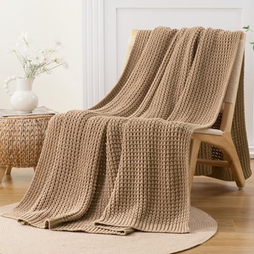 Beige Throw Blanket for Couch, Tan Waffle Knitted Throw Blankets