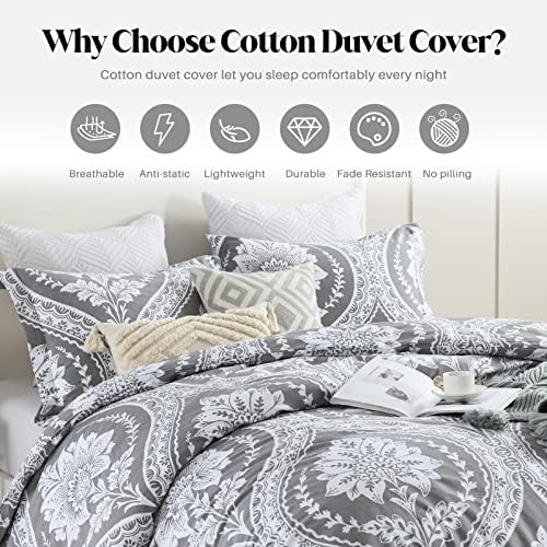 CozyDH Gray Duvet Cover Set Queen Size, Damask White Floral, 100%