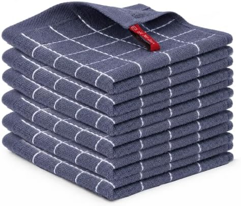 Egles 6 Pack Checkered Kitchen Towels, 100% Cotton, 12 x 12 Inch, Grey